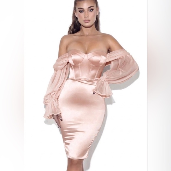 NWT Miss Circle NY Satin Corset Midi Dress - Off-the-Shoulder - Blush - XS - Picture 2 of 8